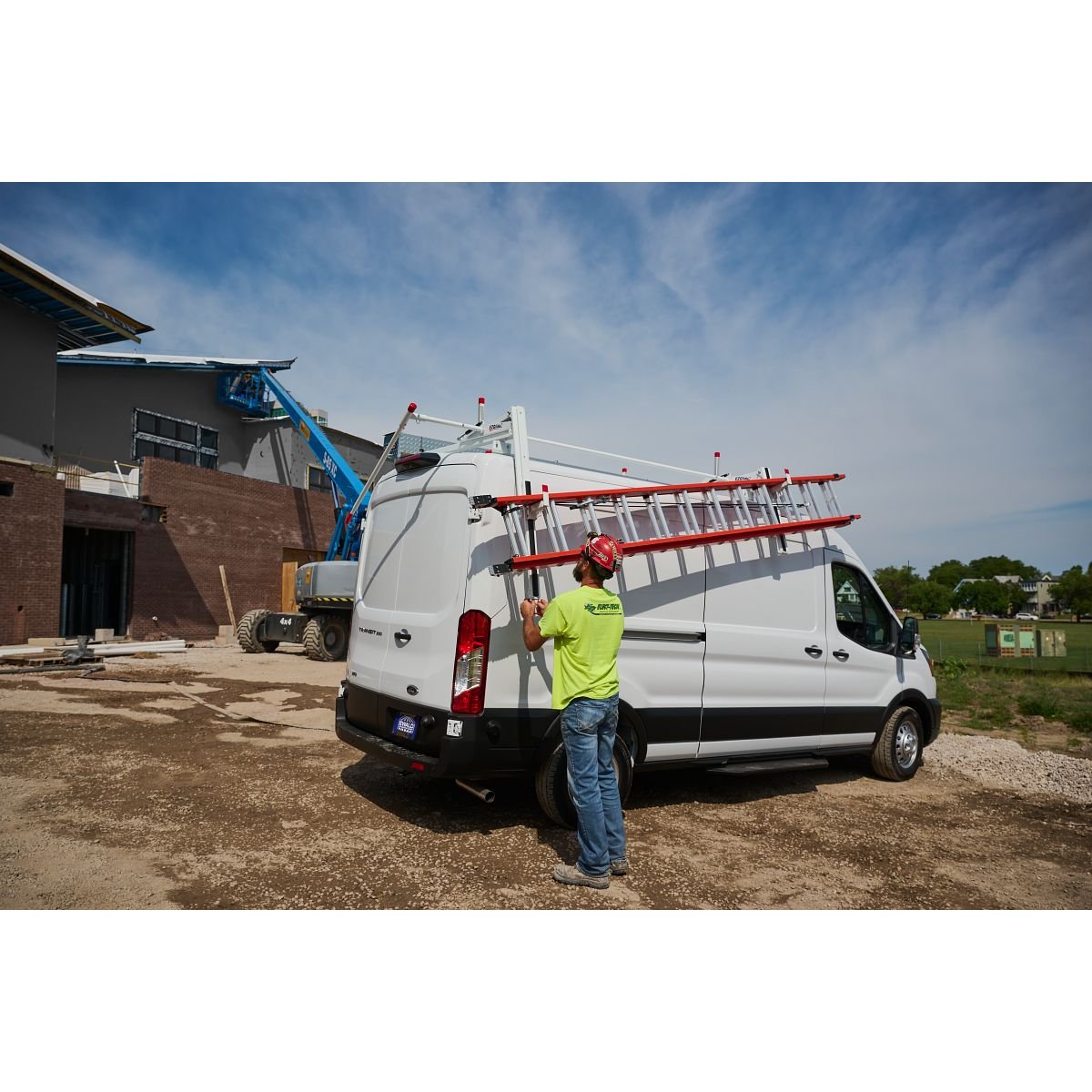 Extended Drop-Down Ladder Rack — Ford Transit Medium & High Roof — extended drop-down mechanism
