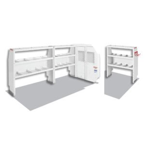 WEATHER GUARD 600-8110R three-unit shelving and screened bulkhead layout for Ford Transit Low Roof 130-inch wheelbase