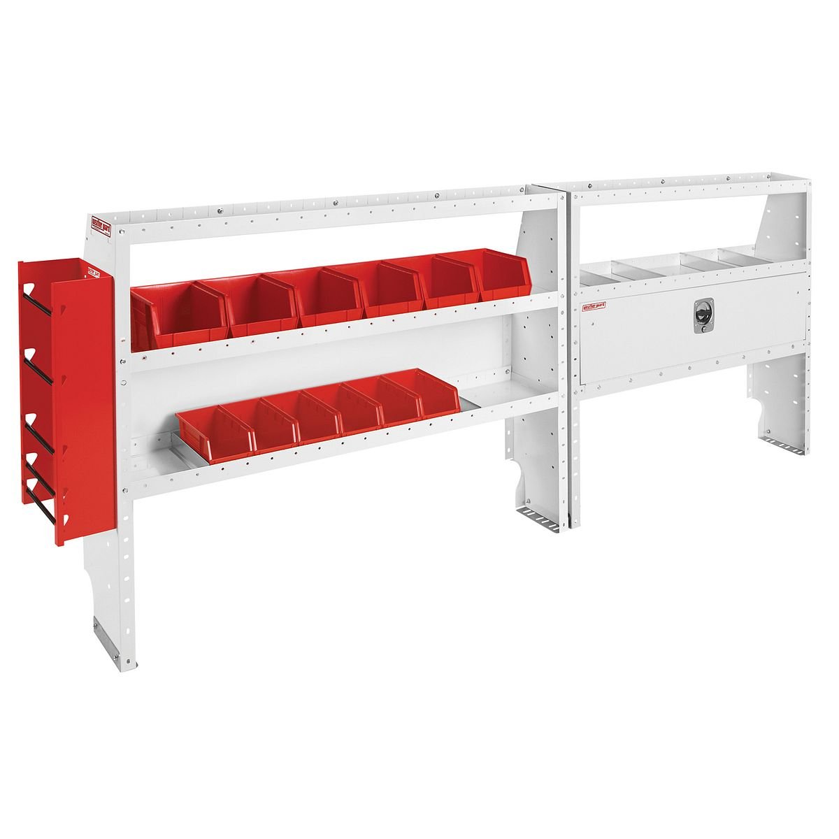 Electrical Contractor — Ford Transit Low Roof 148″ WB — driver-side shelving layout