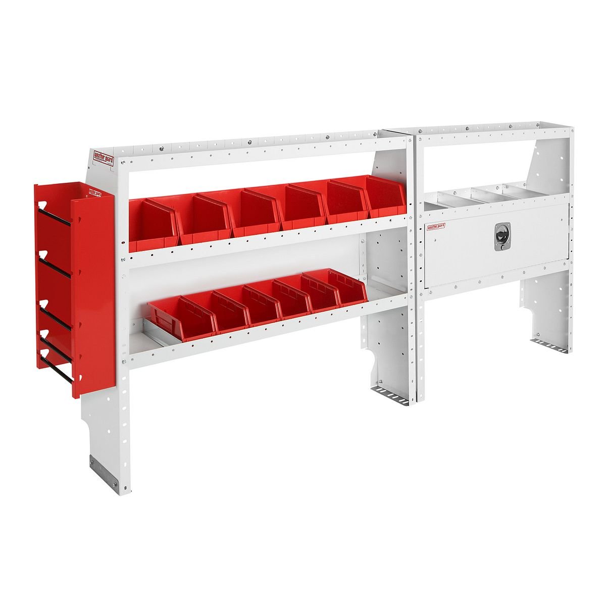 Electrical Contractor — Ford Transit Low Roof 130″ WB — driver-side shelving layout