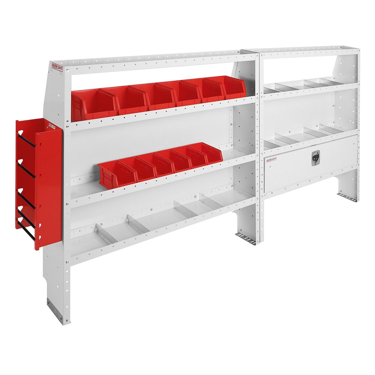 Electrical Contractor — Ford Transit Medium Roof 148″ WB — driver-side shelving layout