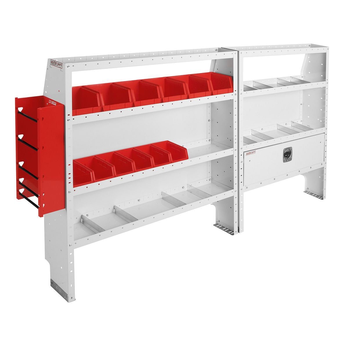 Electrical Contractor — Ford Transit Medium Roof 130″ WB — driver-side shelving layout