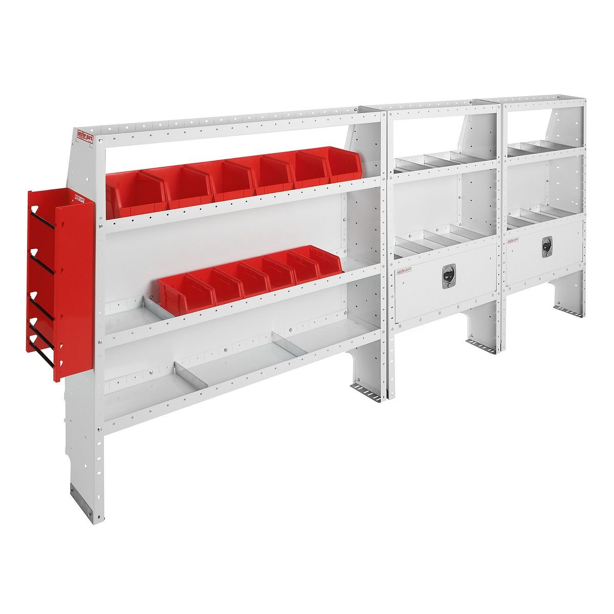 Electrical Contractor — Ford Transit High Roof 148″ WB Extended Body — driver-side shelving layout
