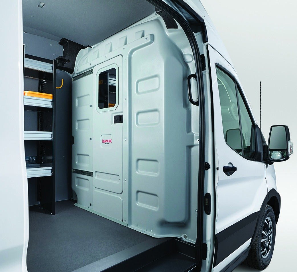Ford brochure reference of a Knapheide partition with door and window; 47U window-only version differs