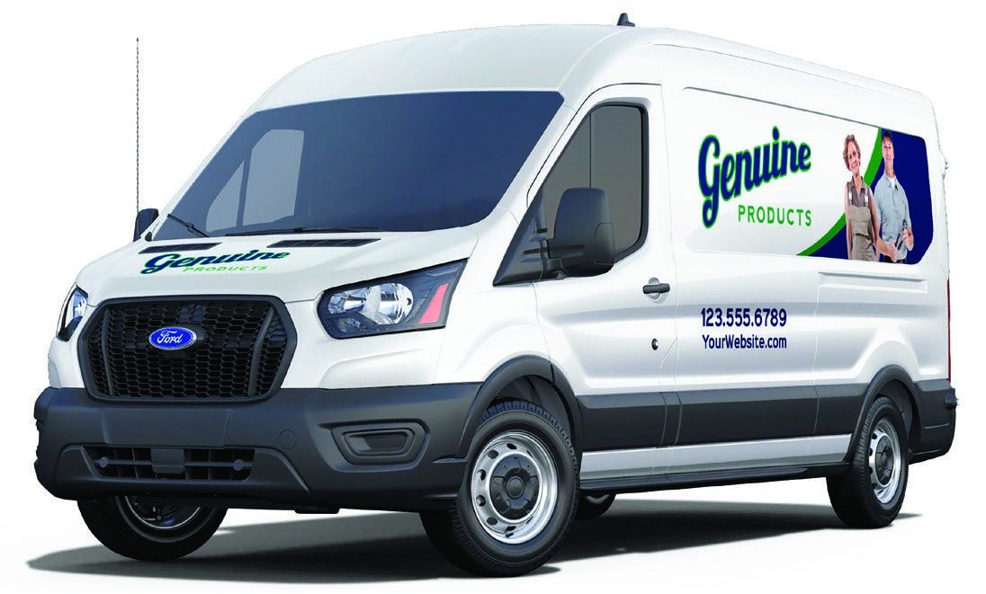 Illustrative commercial graphics on a Ford Transit in the factory graphics program brochure