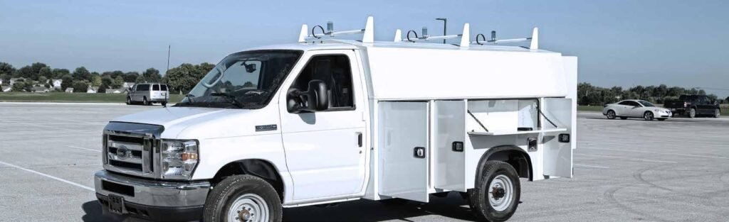 Knapheide Aluminum KUV on a Ford E-Series with exterior compartments open