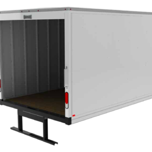 Knapheide box body with rear roll-up door open, showing cargo floor and interior